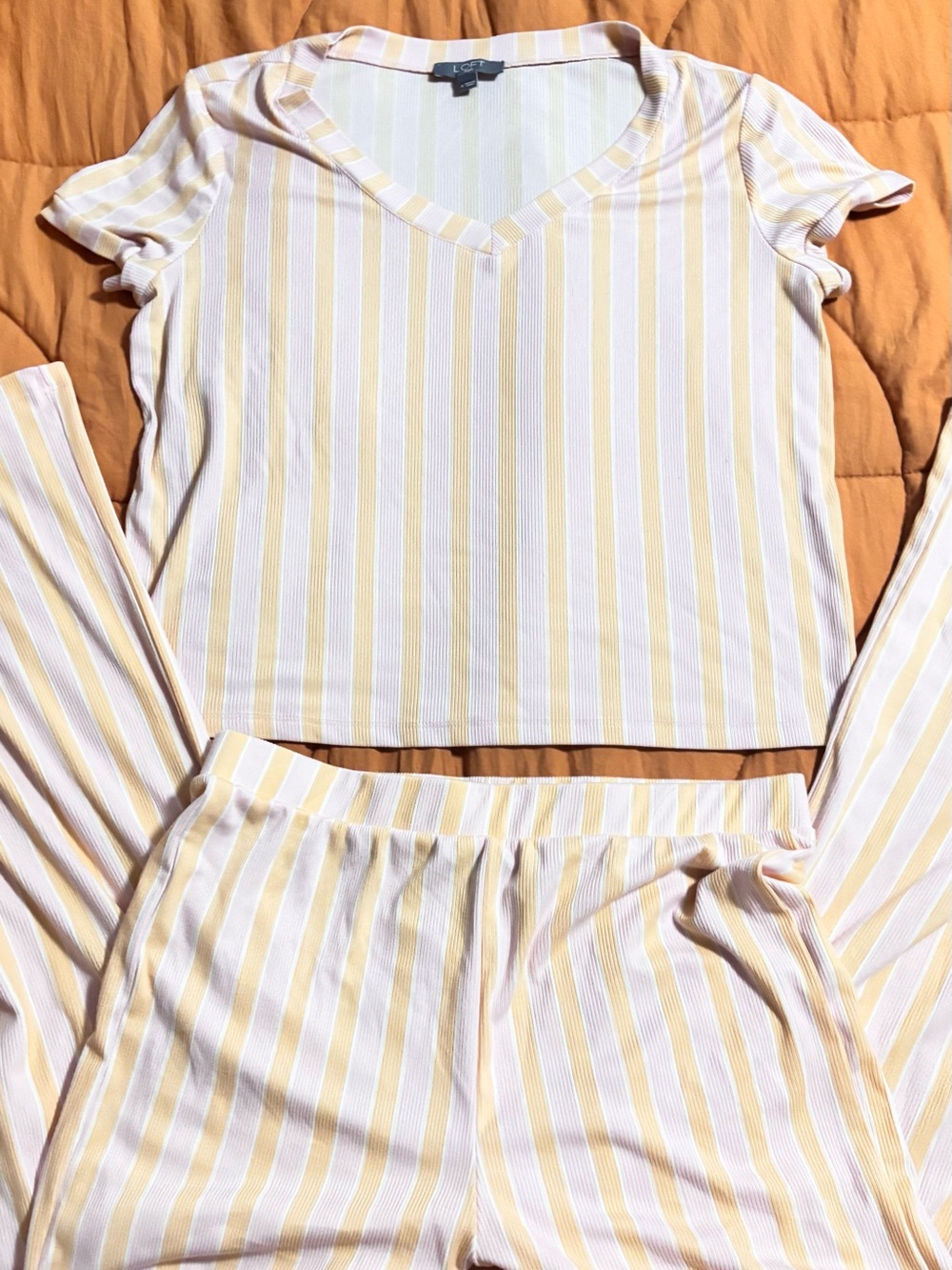 LOFT SLEEP Yellow & White Striped V-Neck Pajama Set